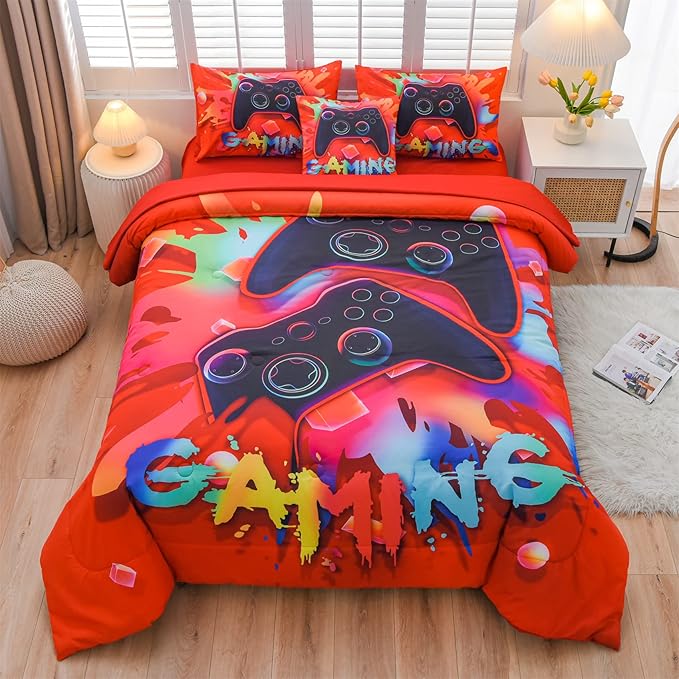 Aimuan Gaming Comforter Sets for Boys Kids Bedding Sets Video Games Console Action Buttons Novelty Colorful Game Gamepad Controller Modern Gamer Room Decor Home Quilt Set (Twin 6 Pcs, Red)