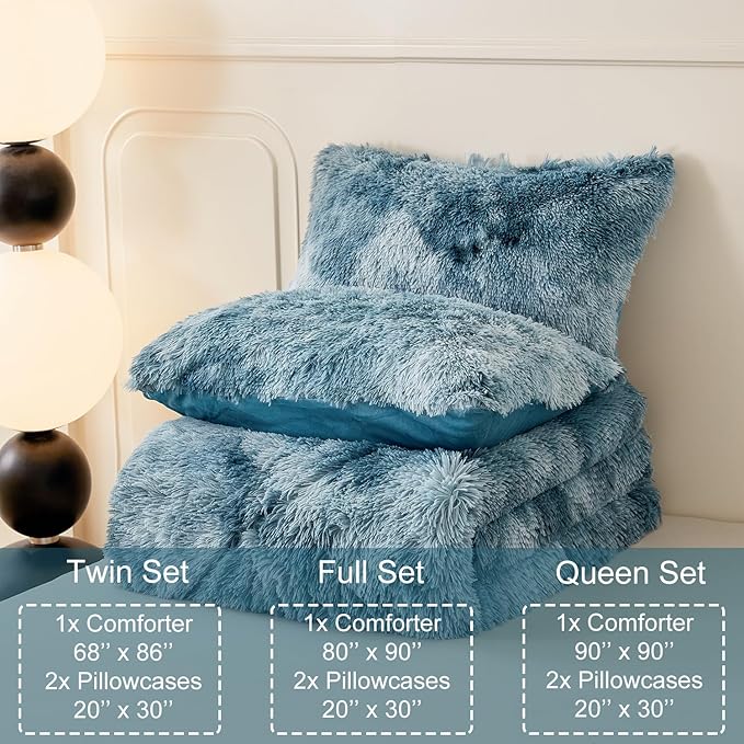 WINLIFE Shaggy Bedding Comforter Set Full Blue Faux Fur Flannel Furry Comforter Plush Comforter Sets Gradient Ombre Tie Dye Bedding for Teens Adults (3Pcs, Full, Smoke Blue)