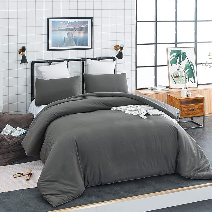Deep Grey Comforter Set Full Dark Gray Beddig Set for Kids Teens Adult Solid Gray Color Bedding Set 3 Pieces with 2 Pollowcases Lightweight Durable Gray Full Blanket Quilts Set