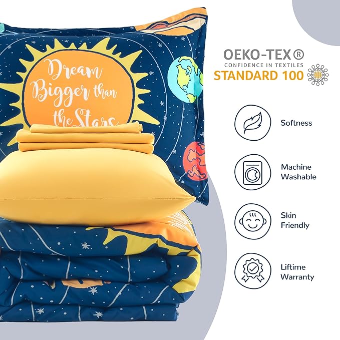 SLEEP ZONE Kids 7-Piece Soft Lightweight Bed in a Bag for Boys, Include Comforter, Flat Sheet, Fitted Sheet, Pillow sham, Pillowcase, Down Alternative Comforter Set(Solar System, Full/Queen)