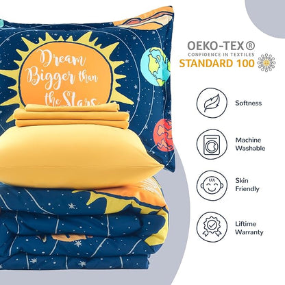SLEEP ZONE Kids 7-Piece Soft Lightweight Bed in a Bag for Boys, Include Comforter, Flat Sheet, Fitted Sheet, Pillow sham, Pillowcase, Down Alternative Comforter Set(Solar System, Full/Queen)