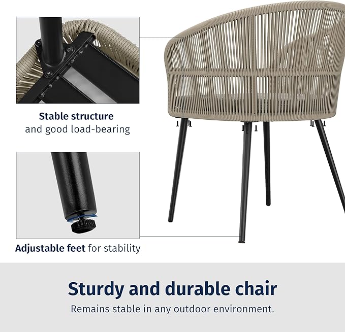 EAST OAK 3-Piece Patio Bistro Set, Patio Conversation Bistro Set with 2 Wide Ergonomic Chairs, Cushions & Glass Top Side Table, Outdoor All-Weather Wicker Furniture for Porch, Backyard, Brown & Grey