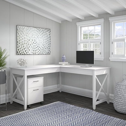 Bush Furniture Key West 60W L Shaped Desk with 2 Drawer Mobile File Cabinet in Pure White Oak