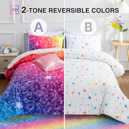 A Nice Night 6Pcs Gradient Abstract Art Grid Mosaic Geometric Bedding Set for Girls, Colorful Rainbow Galaxy Comforter Set, Ultra Soft Bedding Sets (PinkYellow,Twin 6Pcs)