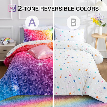 A Nice Night 6Pcs Gradient Abstract Art Grid Mosaic Geometric Bedding Set for Girls, Colorful Rainbow Galaxy Comforter Set, Ultra Soft Bedding Sets (PinkYellow,Full 6Pcs)