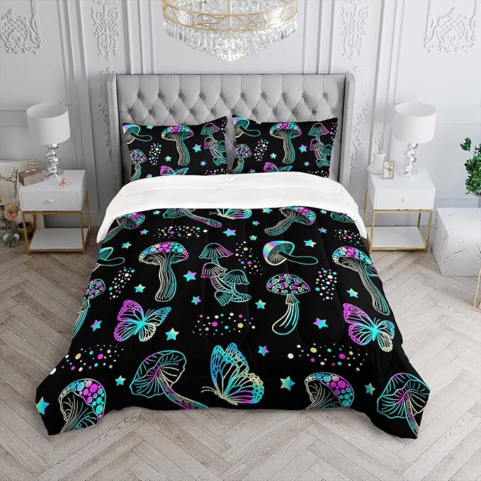 Colorful Mushroom Comforter Set Full Size Kids Mushroom Butterfly Bedding Set Star Quilt Bed Set for Boys Girls Adults with 1 Comforter and 2 Pillowcases