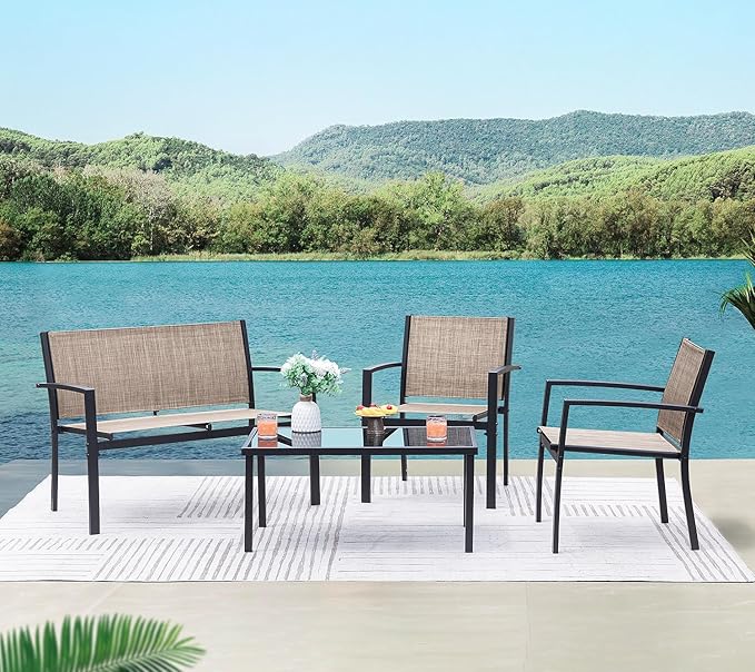 Greesum 4 Pieces Patio Furniture Set Outdoor Conversation Textilene Fabric Chairs for Lawn, Garden, Balcony, Poolside with A Glass Coffee Table, Beige