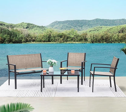 Greesum 4 Pieces Patio Furniture Set Outdoor Conversation Textilene Fabric Chairs for Lawn, Garden, Balcony, Poolside with A Glass Coffee Table, Beige