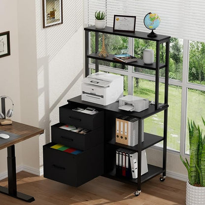 File Cabinet with Drawers and Shelves,Mobile Printer Stand with Storage,Black Filing Cabinet with Wheels for Home Office
