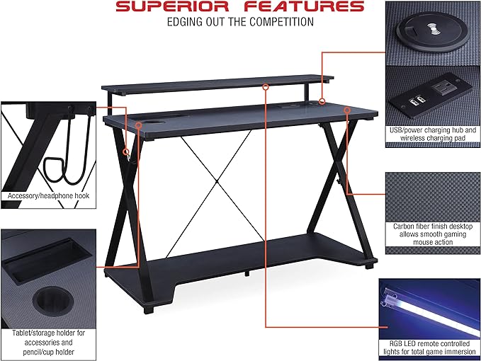 OSP Home Furnishings Checkpoint Ghost Battlestation Gaming Desk with RGB LED Lights, Black