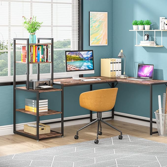 79 Inch Reversible L-Shaped Desk, Large Corner Computer Desk with 5 Tier Storage Shelves