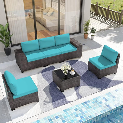 Patio Furniture Set Sofa 6-Piece Wicker PE Rattan Sectional Sofa Set, Outdoor Furniture Patio Conversation Sofa Set with Glass Coffee Table, Blue