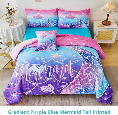 URBONUR 6Pcs Twin Bedding Set for Girls Gradient Purple Blue Mermaid Printed Comforter Set for Twin Bed, Teen Girls Comforter with Sheet Set - Bed in a Bag, Soft and Easy Care Bed Set