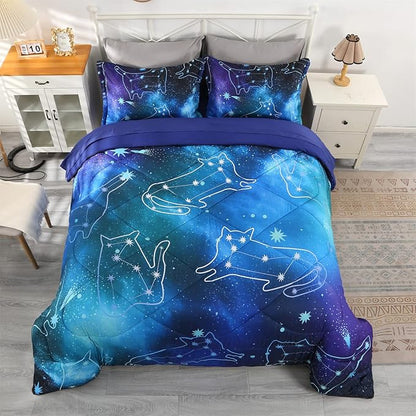 Wowelife 5 Piece Galaxy Space Cat Bedding Comforter Set Queen Constellation Bedding Set Blue Kids Bedding Set Bed in a Bag for Boys and Girls with Comforter, Flat Sheet, Fitted Sheet and 2 Pillowcases