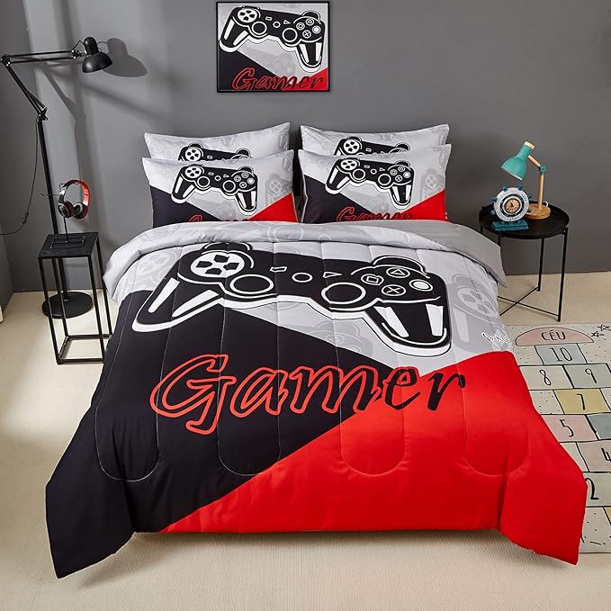 Gaming Comforter Sets for Kids Teen Boys,Video Games Controller Pattern Bedding Set for Room Decor, Twin Size 2-Piece Reddish Black Gamer Comforter with Pillowcase,All Season(Red,Twin)