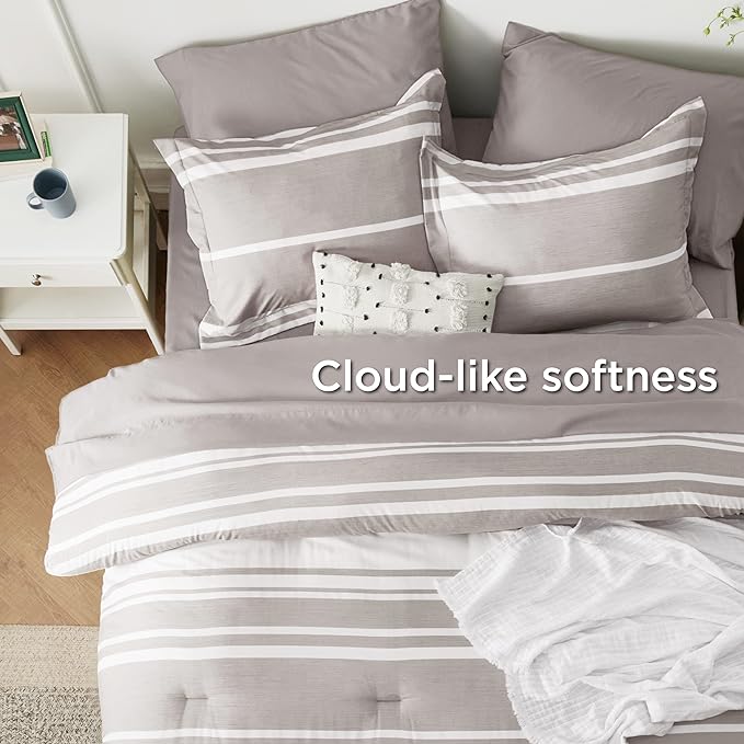 Bedsure Full Size Bedding Sets 7 Pieces, Warm Taupe White Striped Bedding Comforter Sets All Season Bed Set, 2 Pillow Shams, Flat Sheet, Fitted Sheet and 2 Pillowcases