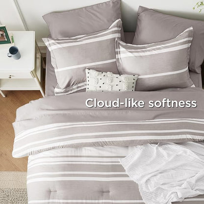 Bedsure Bed in a Bag Twin Size 5 Pieces, Warm Taupe White Striped Bedding Comforter Sets All Season Bed Set with 1 Pillow Sham, Flat Sheet, Fitted Sheet and 1 Pillowcase