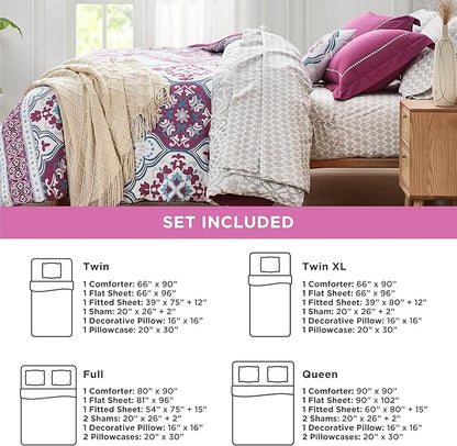 Degrees of Comfort Twin Complete Comforter Sets, Lattice Boho Bed in A Bag,Microfiber Bedding Set with Side Pockets, Matching Decorative Pillow, 6 Piece Purple