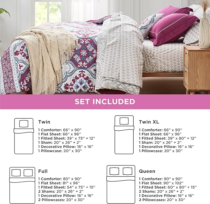 Degrees of Comfort Purple Comforter Set,Queen Boho Bedding Sets with Sheets,Bohemian Microfibe Bed in A Bag with Side Pockets, Matching Decorative Pillow, 8 Piece