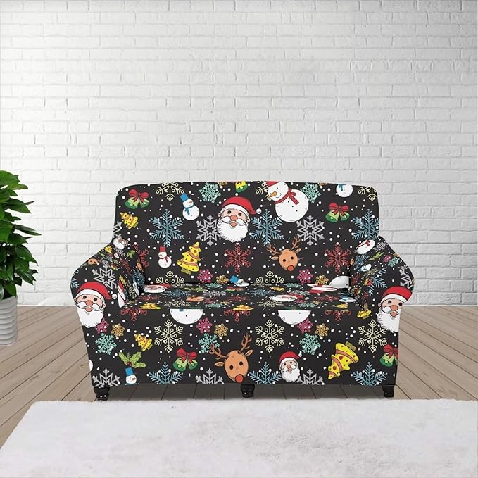 FKELYI Christmas Sofa Slipcover Santa Claus Furniture Protector Washable Easy Going Stretch Sofa Slipcover with Elastic Bottom M