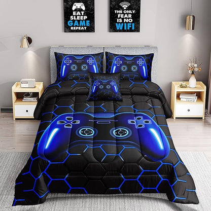 6 Pieces Bed in A Bag Gamer Bedding Set for Boys Kids Adult Gaming Comforters Set,Boys Bed in A Bag Set Full Size Comforter with Fitted Shee Flat Sheet Pillowcase pillowsham,DJTH5025Full