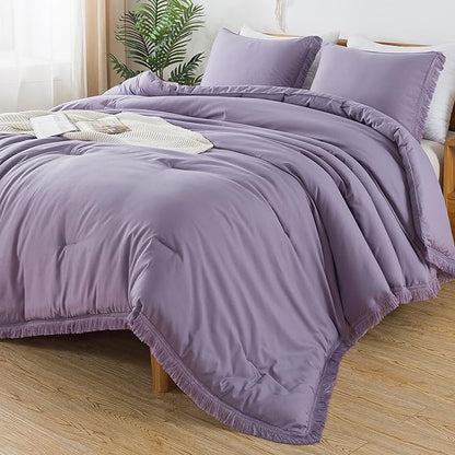 Andency Grayish Lavender Purple Comforter Set Queen, Boho Tassel Lightweight Bedding Comforter Sets, 3 Pieces All Season Soft Fluffy Fringe Bed Set (90x90In Comforter & 2 Pillowcases)