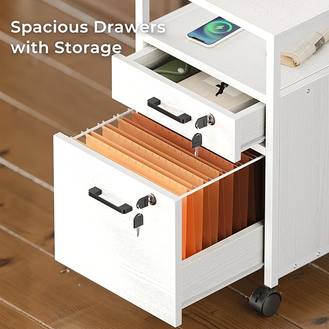 SUPERJARE File Cabinet with Lock & Charging Station, 2 Drawers Rolling Filing Cabinet, Office File Cabinet with Wheels & Open Shelf, for Home Office, A4/Letter Size Files - White