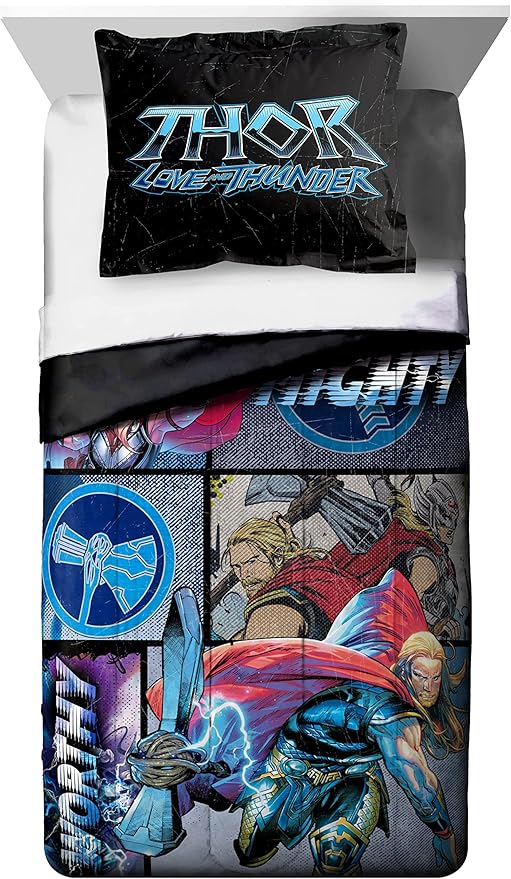 Jay Franco Marvel Comics Thor Mighty Twin Comforter & Sham Set - Kids Super Soft Bedding - Fade Resistant Microfiber (Official Marvel Product)