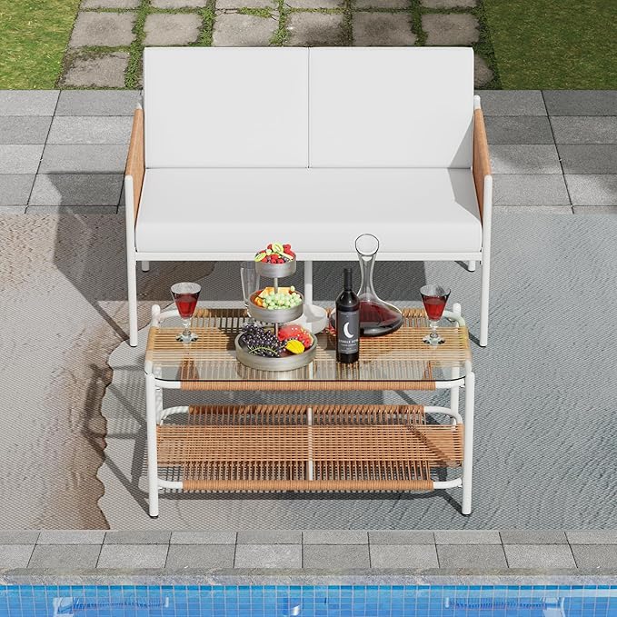 Shintenchi 2 Piece Patio Wicker Furniture Set, Outdoor Patio Furniture Rattan Conversation Set with Coffee Tables and Loveseat for Backyard, Balcony, Poolside