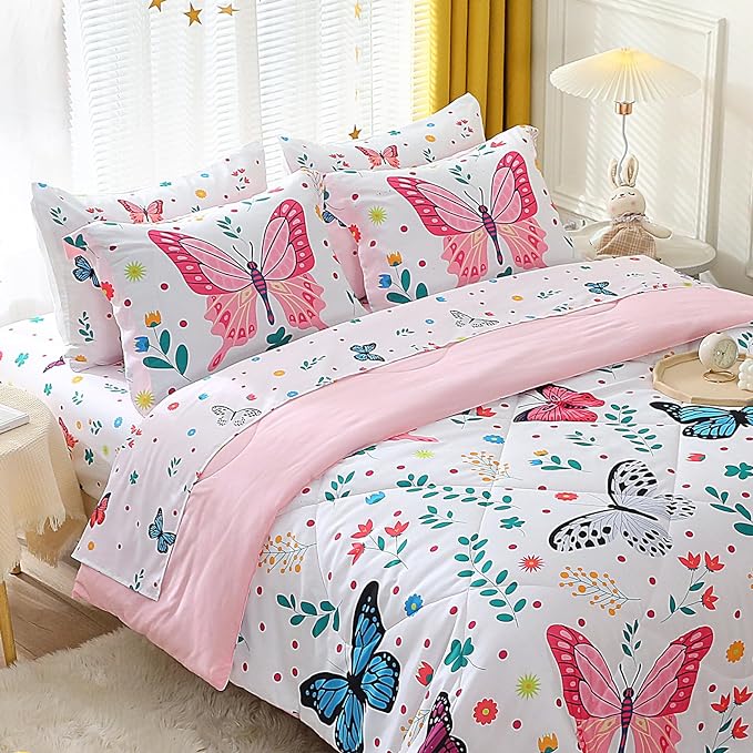 Girls Butterfly Comforter Set Queen Size 7 Piece Bed in A Bag Colorful Flowers Leaves Bedding Set for Kids Teens Super Soft All Season