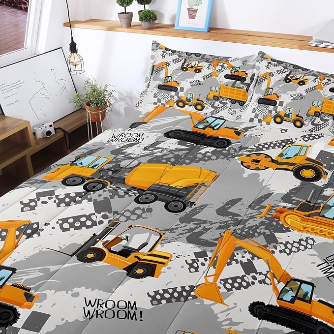 3-Pcs Construction Kids Bedding Set for Boys, Reversible Twin Truck Bed Comforter Set, Cartoon Excavator Car Printed Bedding Sets with Tire Marks