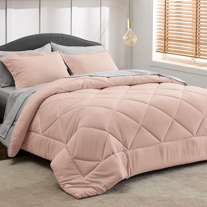 Bedsure Blush Pink Queen Comforter Set - 7 Pieces Reversible Queen Bed in a Bag Queen Bed Set with Comforters, Sheets, Pillowcases & Shams, Queen Bedding Sets