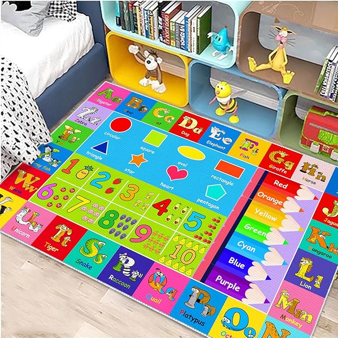 Kids Alphabet Play Game Rug - 3' x 5' ABC Numbers and Shapes Educational Learning Toddler Carpet - Kids Room Playroom Classroom Kindergarten Activity Fun Soft Non-Slip Mat
