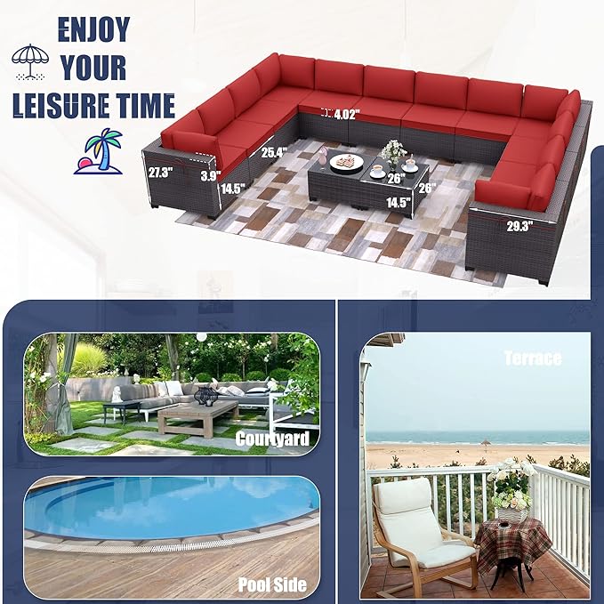 Patio Furniture Set 14-Pieces Outdoor Furniture for Backyard Wicker Sectional Sofa Set, Rattan Patio Conversation Set with Thickened Cushions and Glass Coffee Table, Red