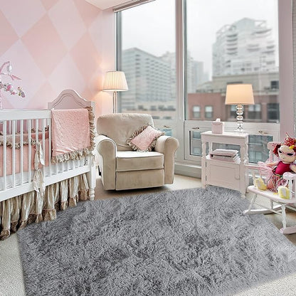 Super Soft Fluffy Shaggy Rugs for Living Room Bedroom, Fuzzy Plush Area Rugs for Girls Kids Room Nursery Home Decor, Furry Dorm Throw Rug Cute Non-Slip Indoor Floor Carpet 5x8 Feet, Grey