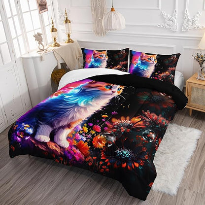 Cartoon Kawaii Cat Comforter Set Queen Size 3D Animals Flower Toddler Bedding Set Cat Lovers Animal Bubble Design Quilt Bed Set for Girls Kids Teens