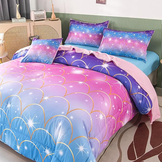 PERFEMET 6Pcs Pink Mermaid Comforter Set Queen Size 3D Glitter Bed in A Bag for Teens Girls Women Colorful Rainbow Bedding Set with Comforter and Sheets Ultra Soft Fuzzy Bed Comforter Quilted Set