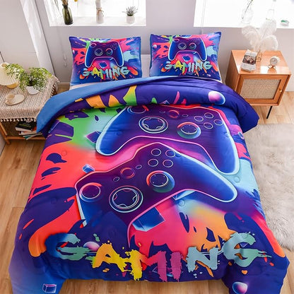 Aimuan Gaming Comforter Sets for Boys Kids Bedding Sets Video Games Console Action Buttons Novelty Colorful Game Gamepad Controller Modern Gamer Room Decor Home Quilt Set (Twin, Purple)