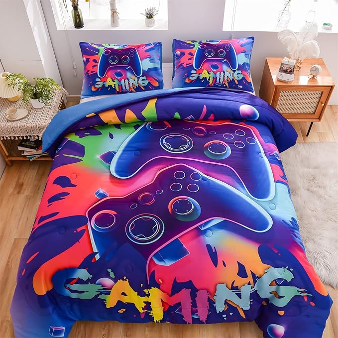 Aimuan Gaming Comforter Sets for Boys Kids Bedding Sets Video Games Console Action Buttons Novelty Colorful Game Gamepad Controller Modern Gamer Room Decor Home Quilt Set (Full, Purple)