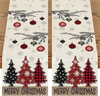 Artoid Mode Red Pine Trees 2PCS Merry Christmas Table Runner, Seasonal Winter Holiday Kitchen Dining Table Decoration for Home Party Decor 13x72 Inch