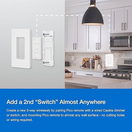Lutron Caseta 3 Way Smart Dimmer Switch Kit, w/ Wireless 3 way Pico Remote and Bracket, Light Switch for LED Lights, No Neutral Required, P-PKG1WB-WH