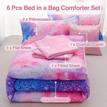 A Nice Night Galaxy Bedding Sets Outer Space Comforter 3D Printed Space Quilt Set Queen 6Pcs Glitter Pink,for Children Boy Girl Teen Kids