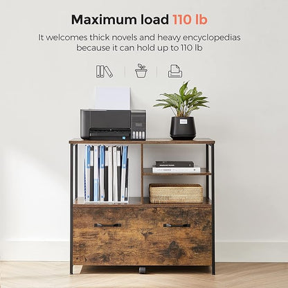 VASAGLE Lateral File Cabinet with Open Shelves and Drawer, for A4, Letter and Legal Sized Documents, Printer Stand, Rustic Brown + Black