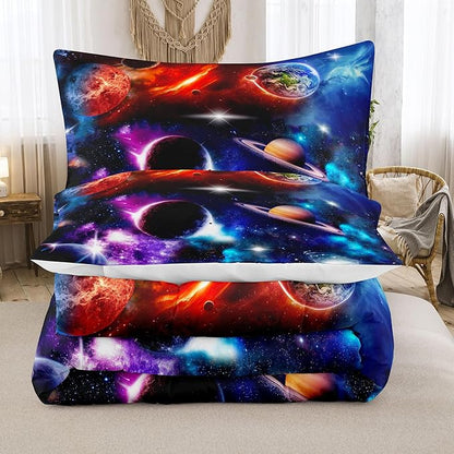 NINENINE Space Bedding Set Full Size for Girls Boys Kids,Purple Galaxy Comforter Set Outer Space Earth Planets Stars Theme Solar Galaxy Bedding System Bed Set with 1 Space Comforter 2 Pillowcases…