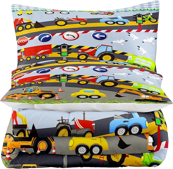 Tailor Shop Construction Vehicle Truck Kids Comforter Set Twin Size，Cartoon Excavator Bedding Sets Comforter Cover for Boys Childs Teens ，Tractor Mixer Room Decor with 1 Comforter 1 Pillowcases…