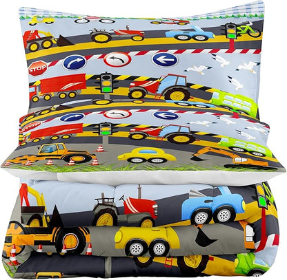 Tailor Shop Construction Vehicle Truck Kids Comforter Set Twin Size，Cartoon Excavator Bedding Sets Comforter Cover for Boys Childs Teens ，Tractor Mixer Room Decor with 1 Comforter 1 Pillowcases…