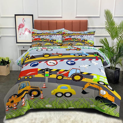 Tailor Shop Construction Vehicle Truck Comforter Set Queen Size，Cartoon Excavator Bedding Sets Comforter Cover for Boys Childs Kids Teens ，Tractor Mixer Room Decor with 1 Comforter 2 Pillowcases