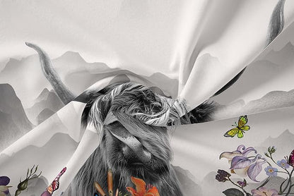 Tailor Shop Highland Cow Comforter Sets Queen Size,Highland Cow Bedding for Teens Kids Man,Cattle Western Funny Animal Bedding Wildlife Farmhouse Bull Mountain Flower Comforter with 2 Pillowcase