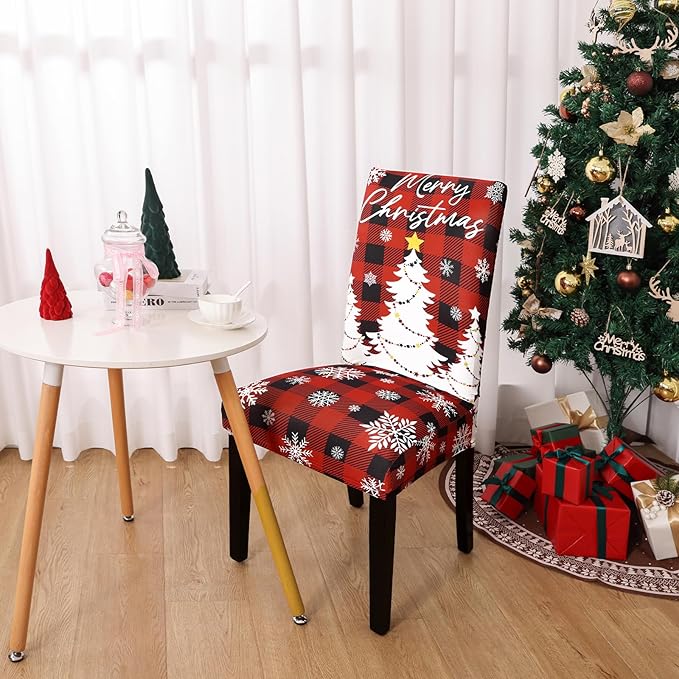 U'Artlines Christmas Chair Covers Set of 6, Removable Washable Merry Christmas Dining Chair Seat Covers Stretch Protector Slipcovers for Dining Room Kitchen Holiday Party Decor, Red Buffalo Plaid