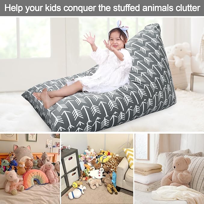 Jorbest Stuffed Animal Storage Bean Bag Chair for Kids and Adults, Bean Bag Stuffed Animal Storage, Stuffed Animal Bean Bag Velvet Stuffie Seat - Cover ONLY (Grey with White Arrows 200L/52 Gal)